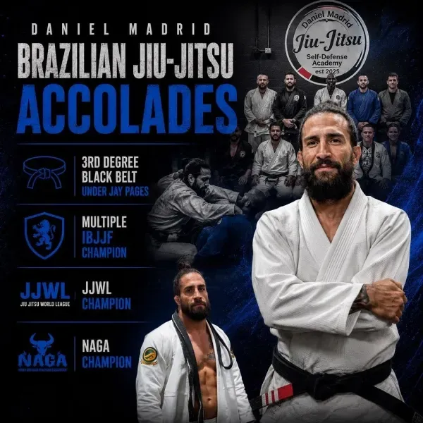 Daniel Madrid Brazilian Jiu Jitsu accolades: 3rd degree black belt, IBJJF, JJWL and NAGA champion